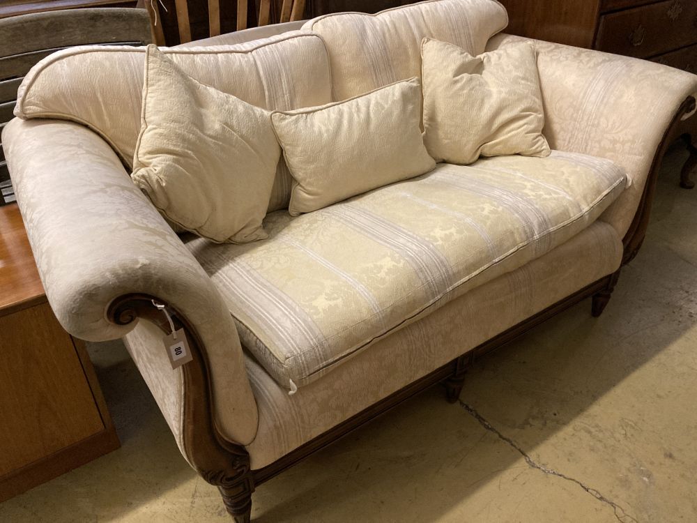 A Victorian style mahogany two seater scroll arm settee, width 170cm, depth 90cm, height 80cm